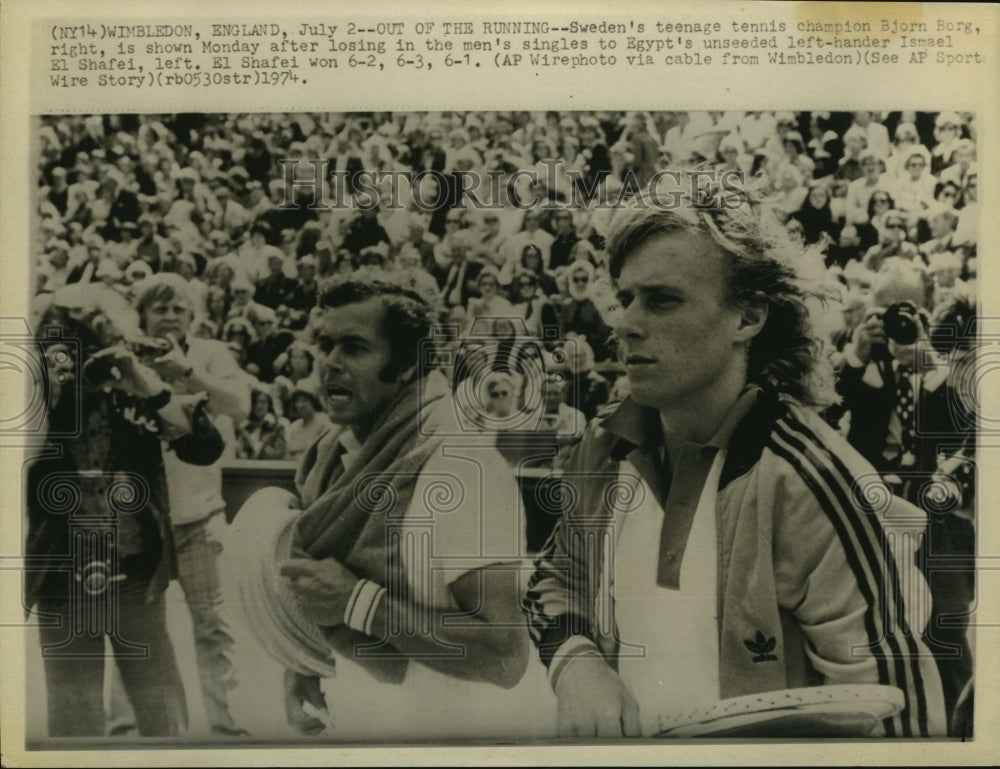 1974 Press Photo Egypts Ismeal El Shafei and Sweden's Bjorn Borg at tennis match- Historic Images