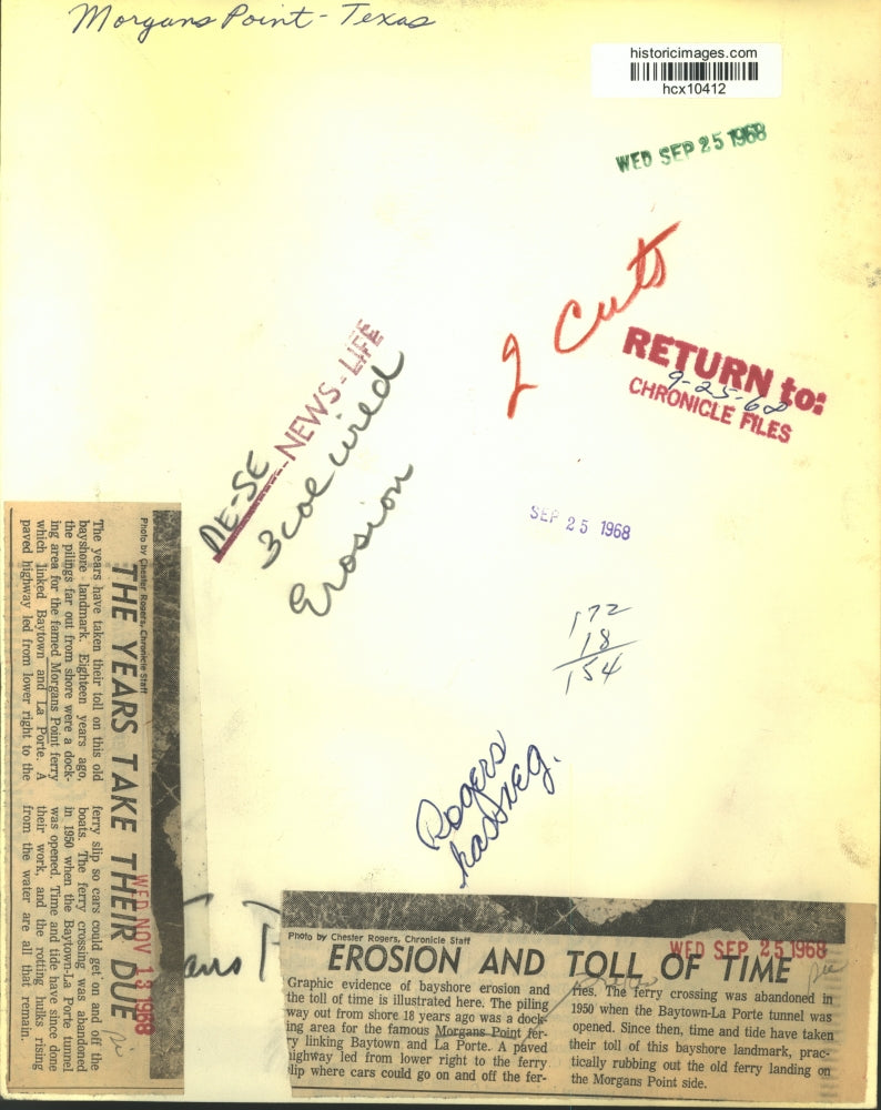 1968 Press Photo Eroded Ferry Dock Piling at Morgans Point, Texas. - hcx10412