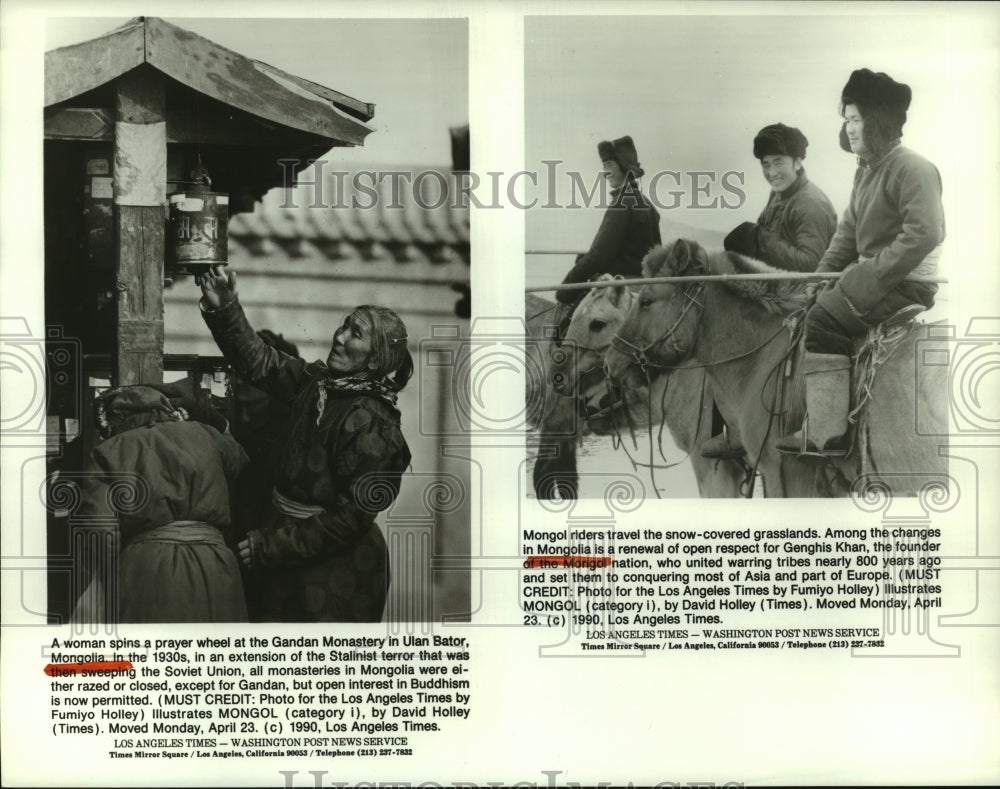 1990 Press Photo Mongolian Woman Spins Prayer Wheel & Horse Riders - hcx11132