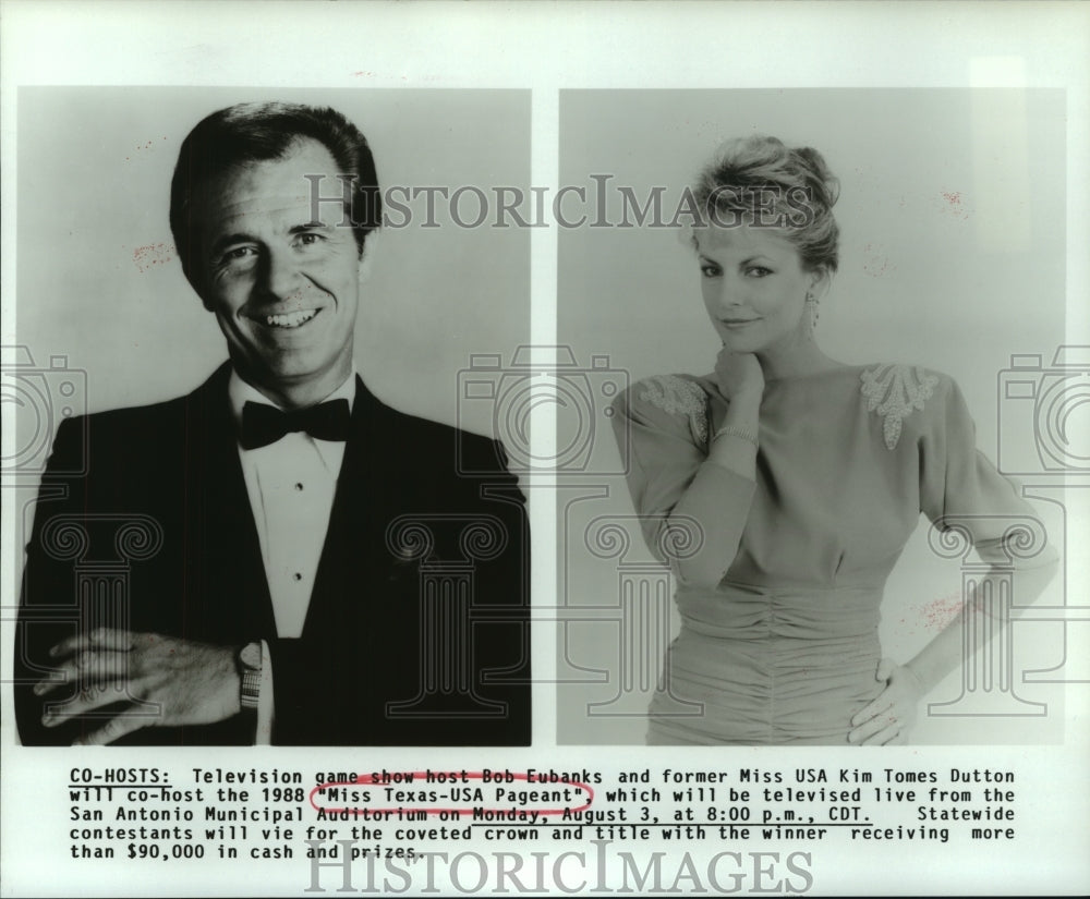 1987 Press Photo Bob Eubanks & Kim Tomes Dutton Host Miss Texas-USA Pageant.