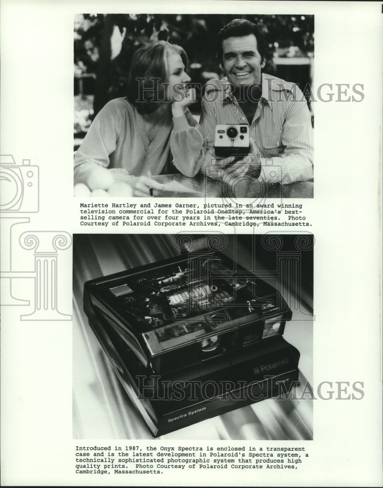 1987 Press Photo Mariette Hartley, James Garner in Polaroid OneStep Commercial- Historic Images