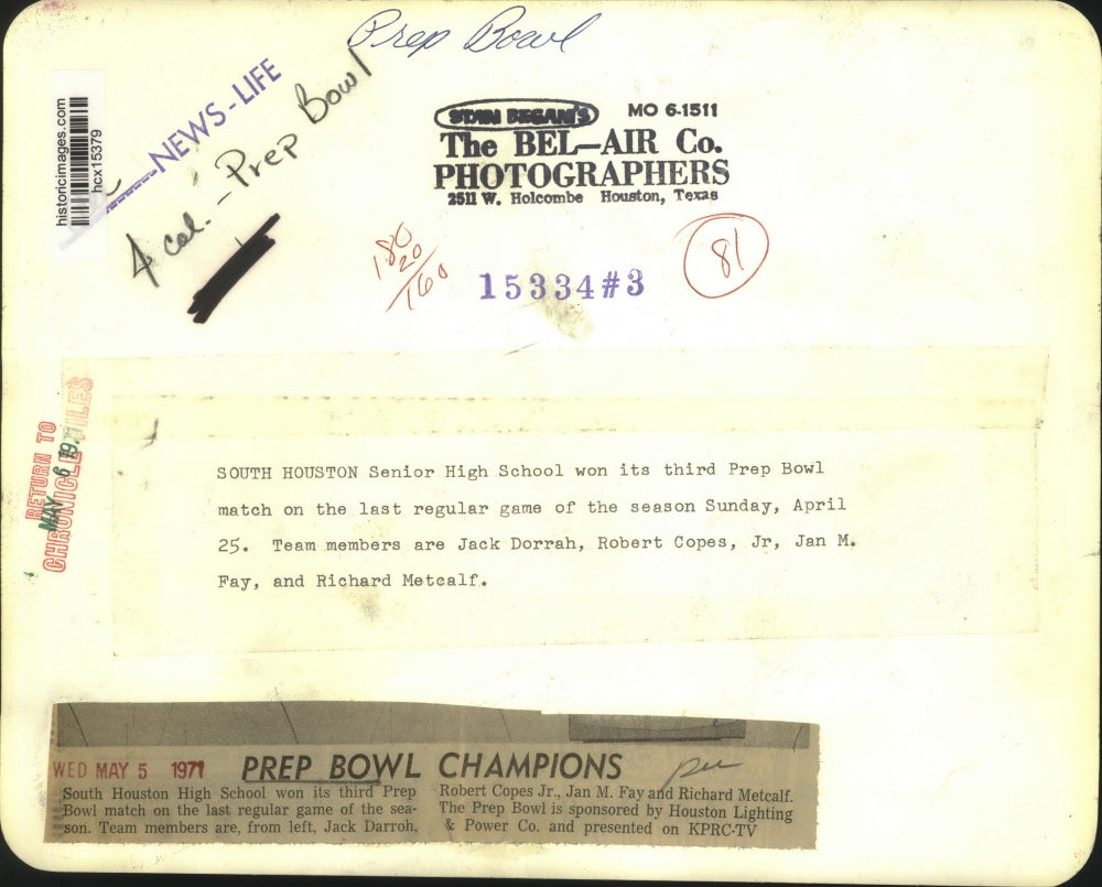 1971 Press Photo South Houston Senior High School Wins Third Prep Bowl Match