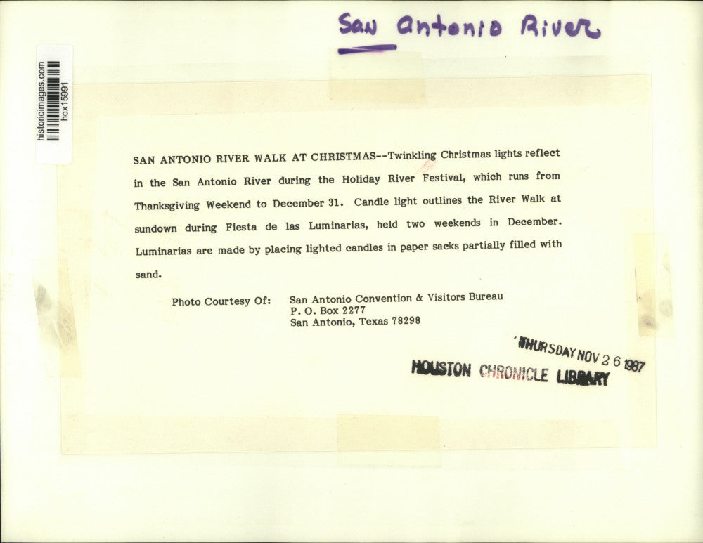 1987 Press Photo View of San Antonio River Walk at Christmastime, San Antonio