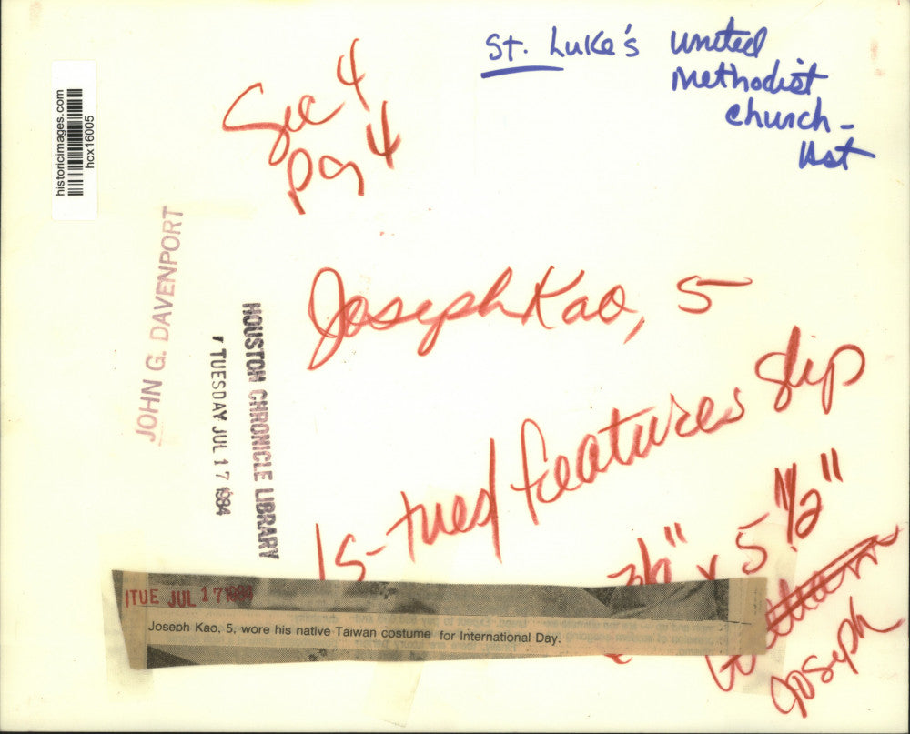 1984 Press Photo Joseph Kao, 5, St. Luke's United Methodist Church, Houston