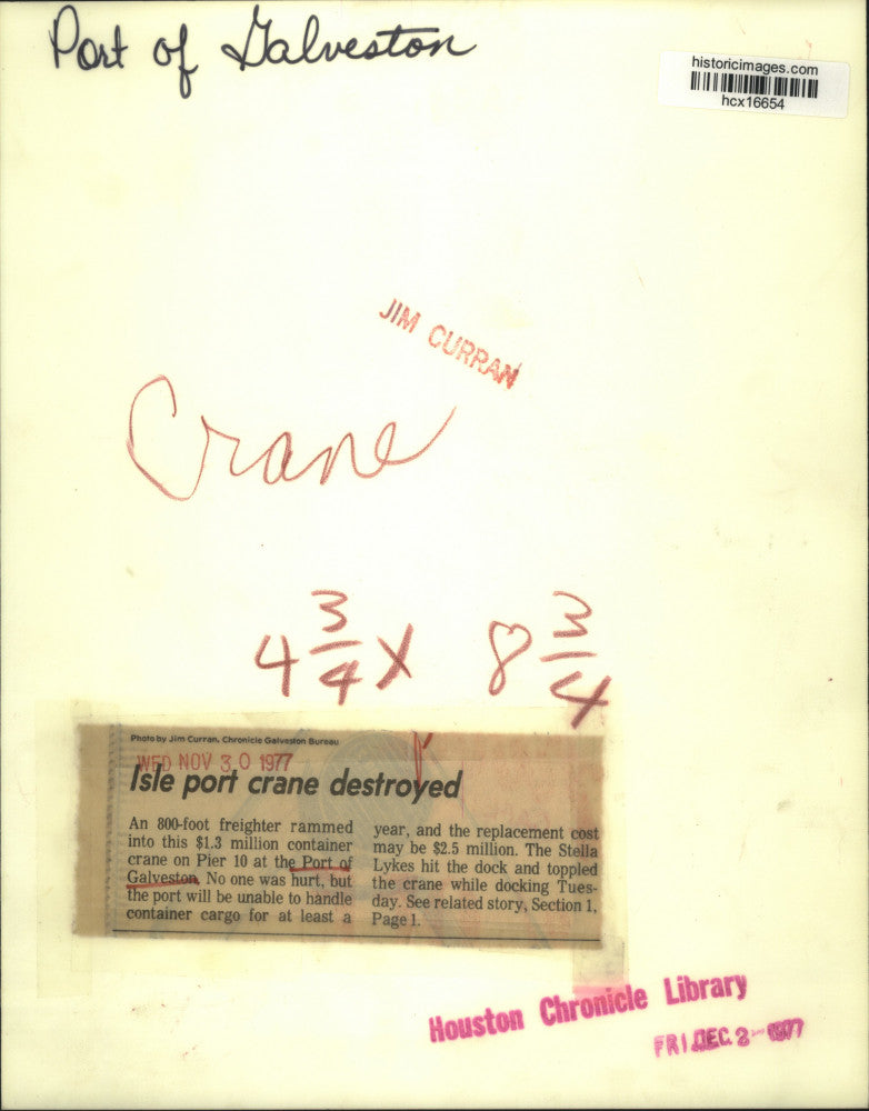 1977 Press Photo Port of Galveston, Texas Crane Rammed by Freighter - hcx16654