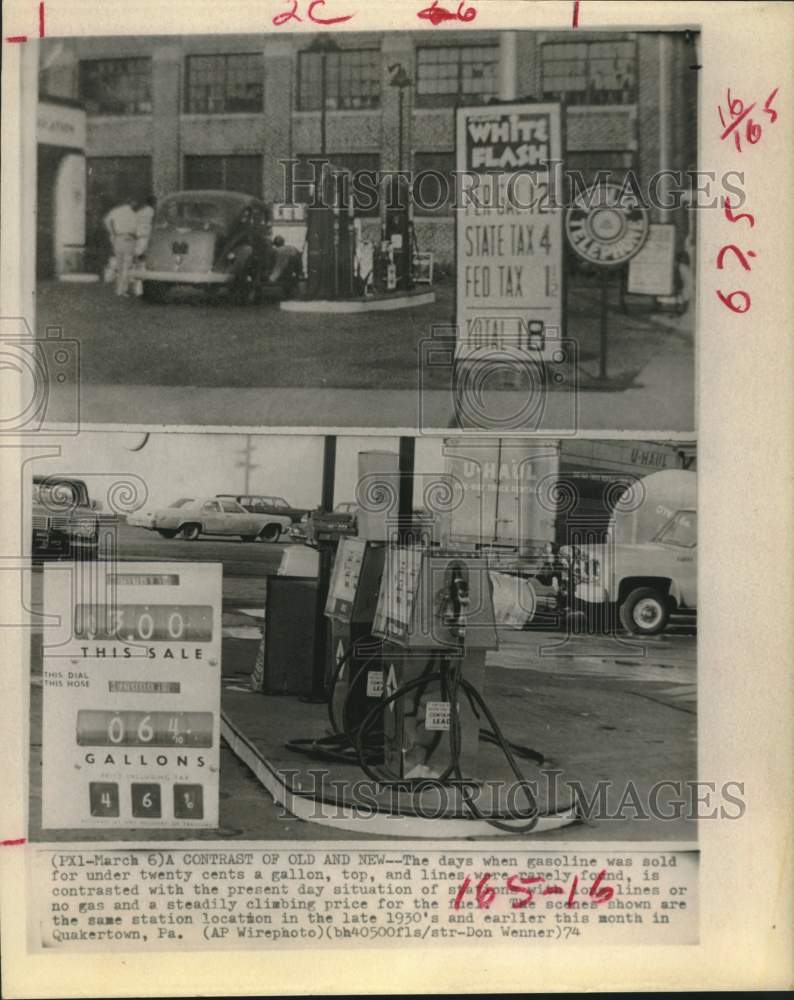 1974 Press Photo Gas Station in Quakertown, Pennsylvania in 1930&#39;s and Today- Historic Images