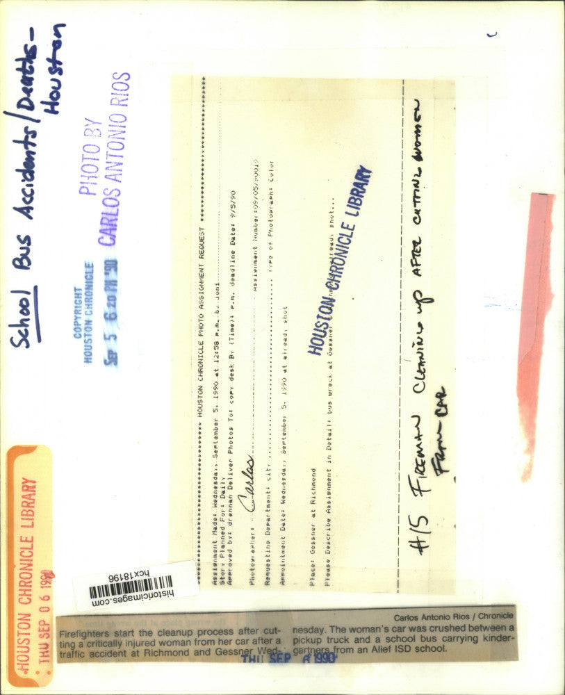 1990 Press Photo Firefighters check car and Alief school bus accident in Houston