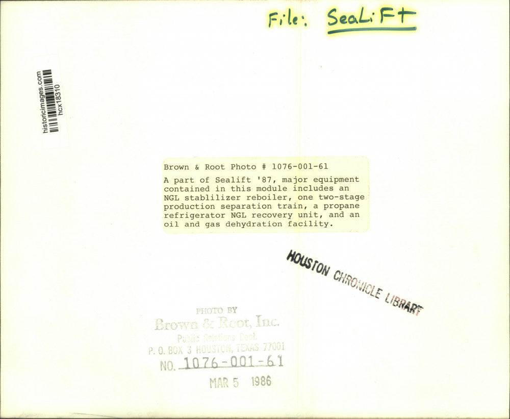 1986 Press Photo NGL stabilizer reboiler and propane refrigerator at Sealift '87