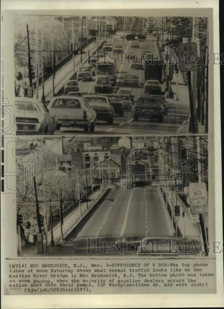 1973 Press Photo New Jersey Traffic Before and After Stations Close on Sunday- Historic Images