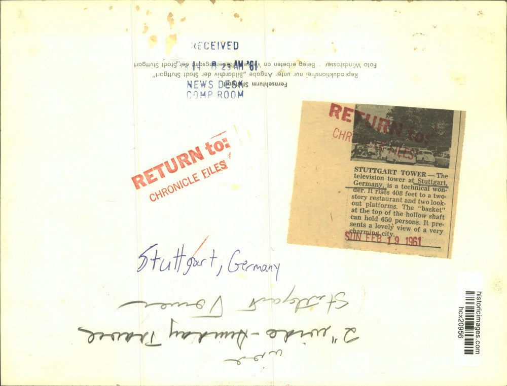 1961 Press Photo Television tower in Stuttgart, Germany with basket - hcx20956