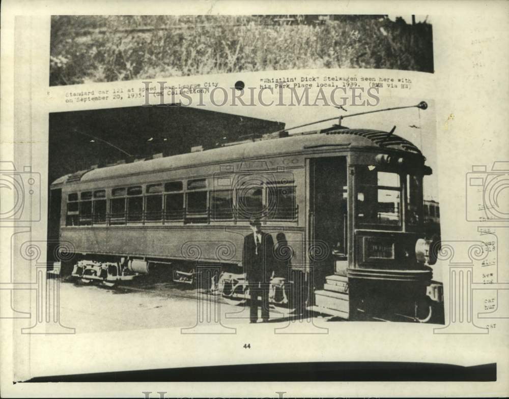 1935 Press Photo Man stands beside Galveston Interurban trolley - hcx21337- Historic Images