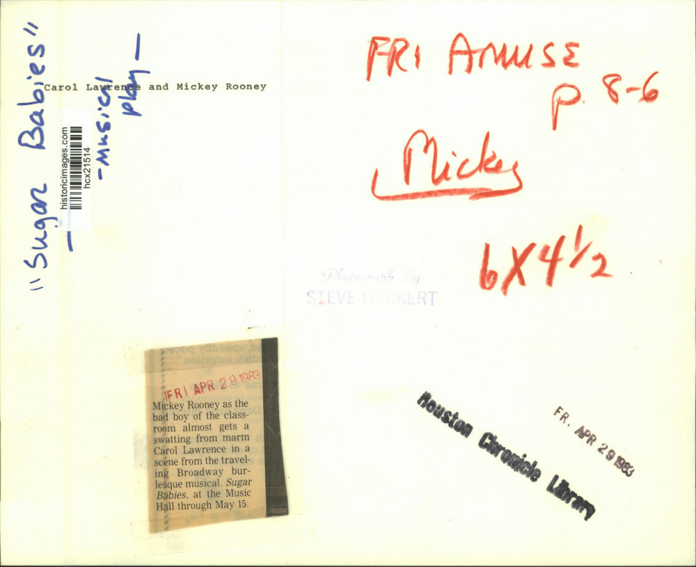 1983 Press Photo Mickey Rooney and Carol Lawrence star in "Sugar Babies" play