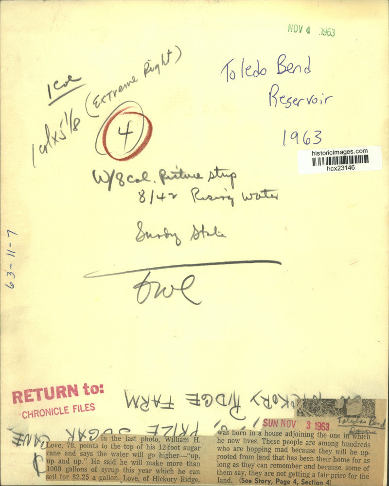 1963 Press Photo William H. Love with his sugar cane crop, Hickory Ridge