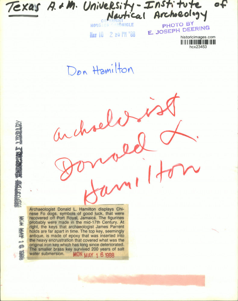 1988 Press Photo Archaeologist Donald Hamilton with artifacts from Port Royal.