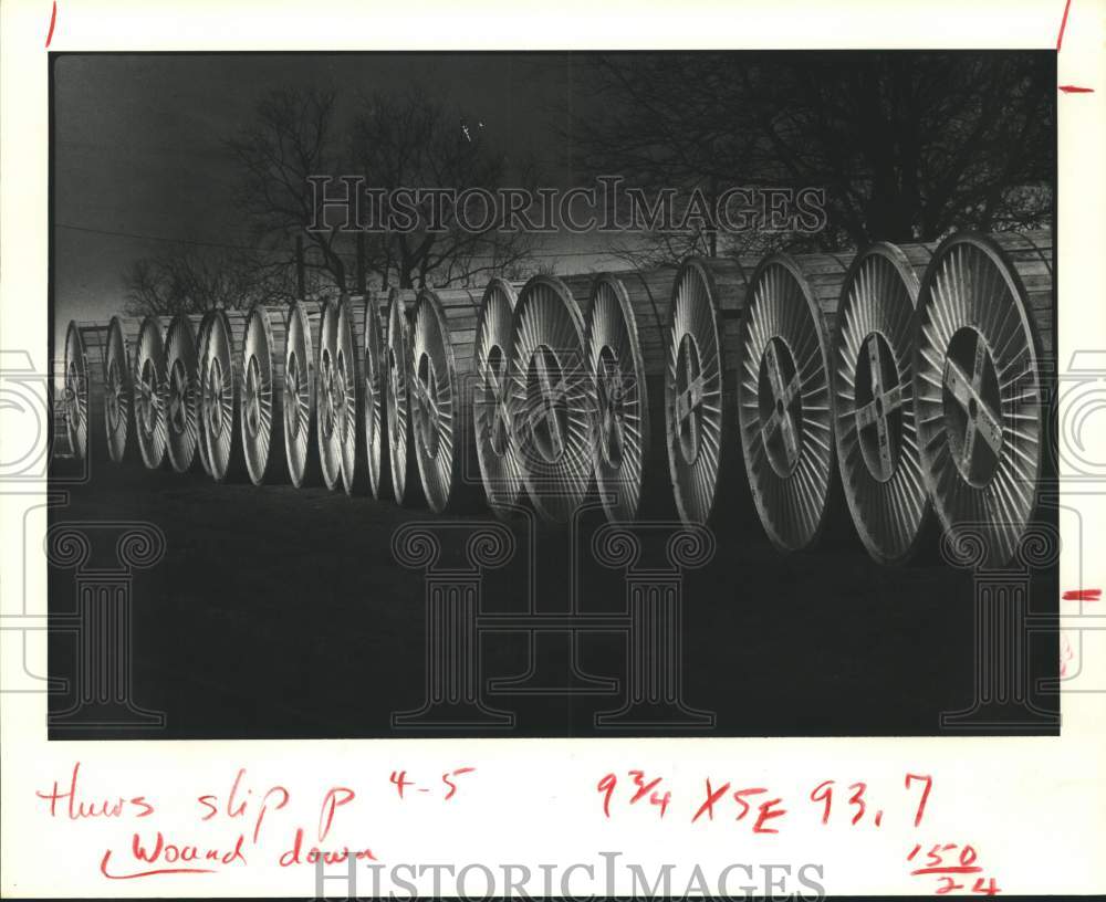 1981 Press Photo Large Wire Spools Near Texas 60, South of Bay City, Texas
