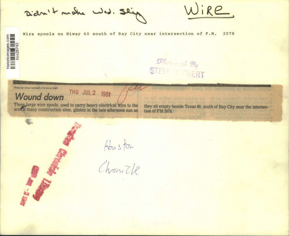 1981 Press Photo Large Wire Spools Near Texas 60, South of Bay City, Texas