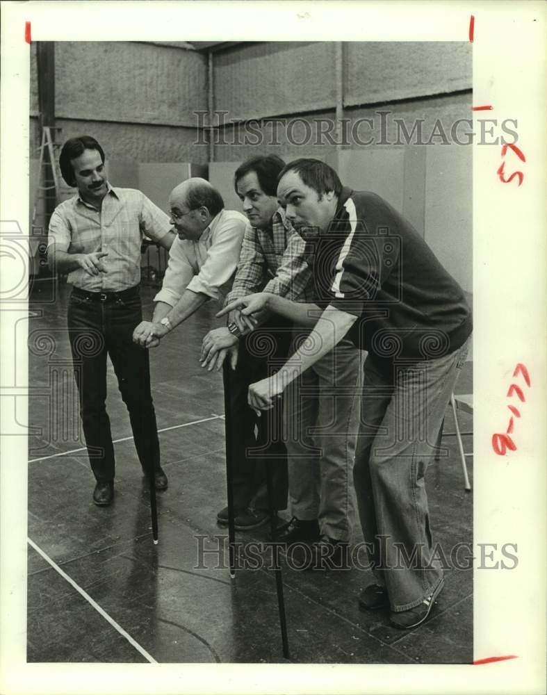 1984 Press Photo Men rehearse "Candide" at Houston Grand Opera - hcx27779- Historic Images