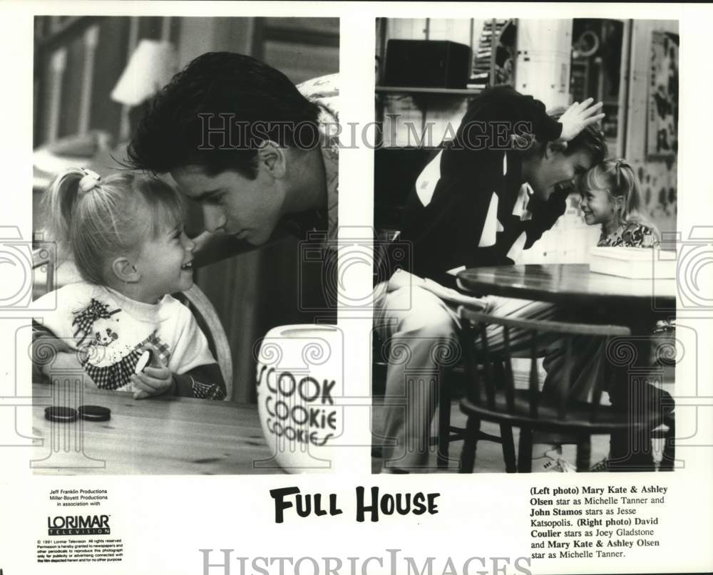 1991 Press Photo Michelle with uncles Jesse and Joey; scenes from &quot;Full House&quot;- Historic Images