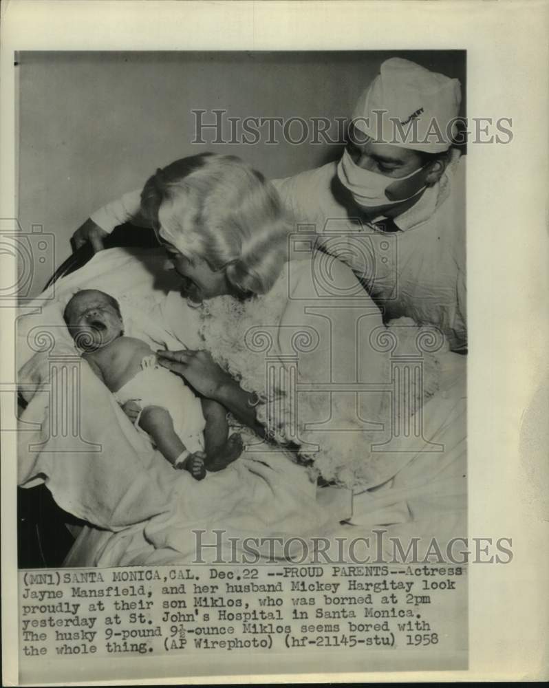1958 Press Photo Actress Jayne Mansifled & husband in CA with new baby Miklos- Historic Images