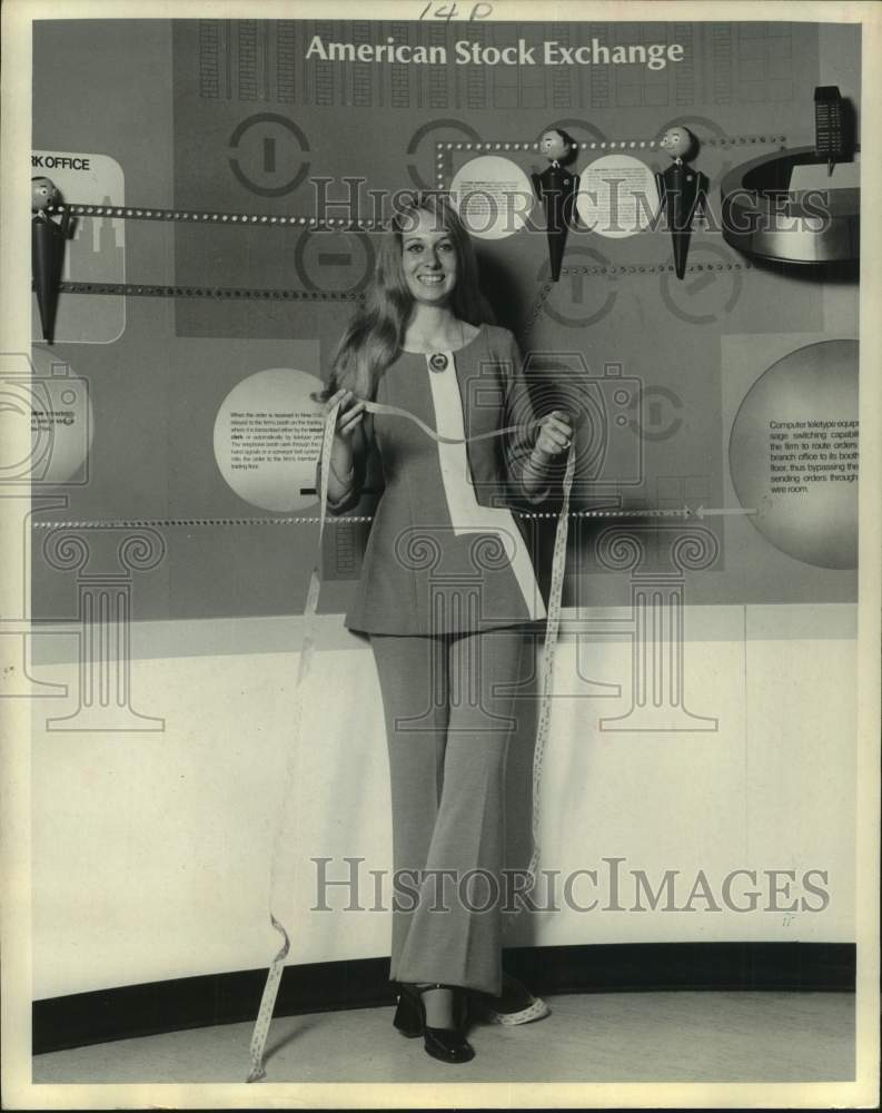 1970 Press Photo American Stock Exchange Guide Models Tunic Pantsuit Uniform, NY