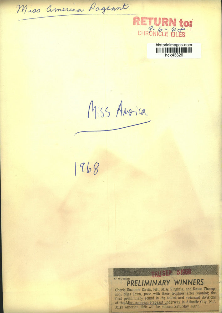 1968 Press Photo Miss America finalists Cherie Davis and Susan Thompson