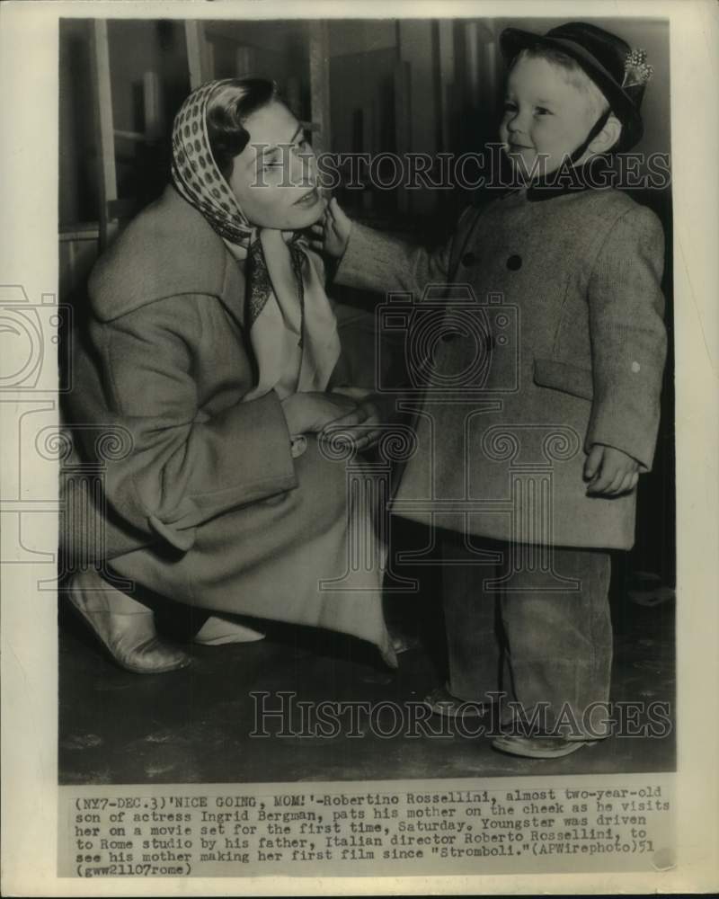 1951 Press Photo Actress Ingrid Bergman and son, Robertino Rossellini in Rome- Historic Images