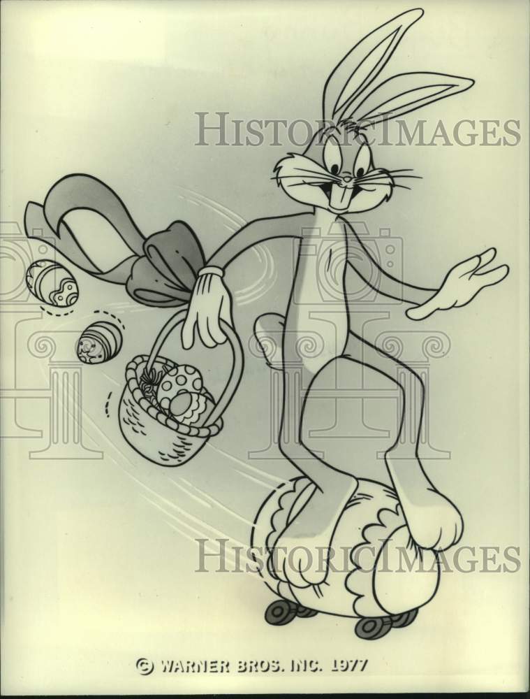 1977 Press Photo Riding an egg-board &quot;The Bugs Bunny Easter Special&quot; - hcx46047- Historic Images