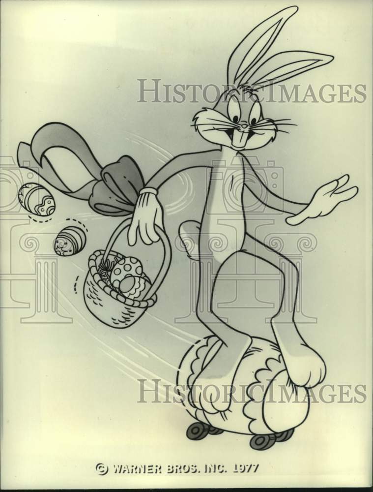 1977 Press Photo Riding an egg-board "The Bugs Bunny Easter Special" - hcx46047- Historic Images