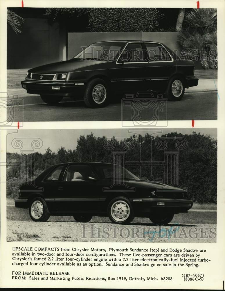 1986 Press Photo Compacts from Chrysler Motors, Plymouth Sundance & Dodge Shadow
