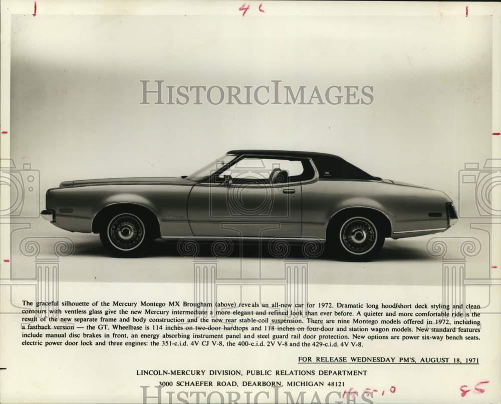 1971 Press Photo Mercury Montego MX Brougham for 1972 offers clean body contours- Historic Images