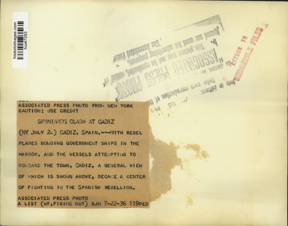 1936 Press Photo Aerial view of Cadiz, Spain where rebel planes bombed ships