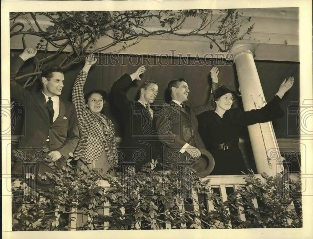 1938 Press Photo Leverett Saltonstall's family wave at family home in Newton, MA- Historic Images