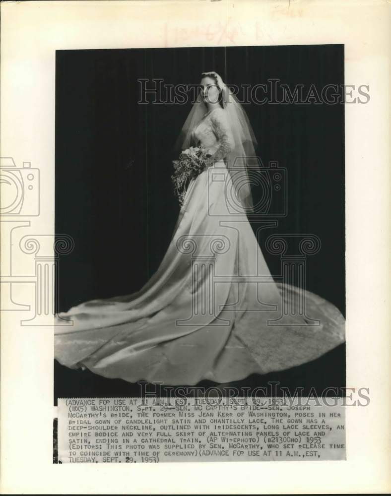 1953 Press Photo Jean Kerr in wedding gown, bride of Senator Joseph McCarthy- Historic Images