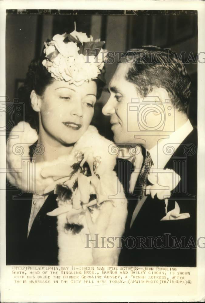 1940 Press Photo John Ringling North with bride Germaine Aussey in Philadelphia- Historic Images