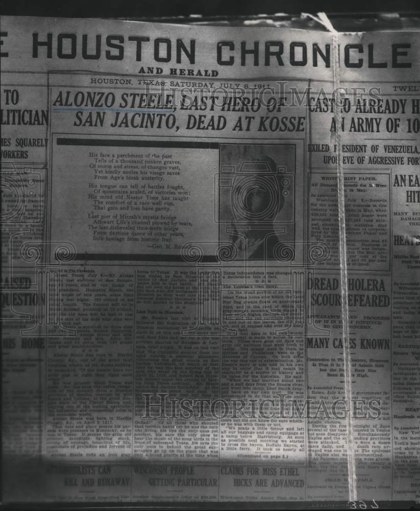 1911 Press Photo Newspaper death notice of Texas hero Alonzo Steele - hcx52566- Historic Images