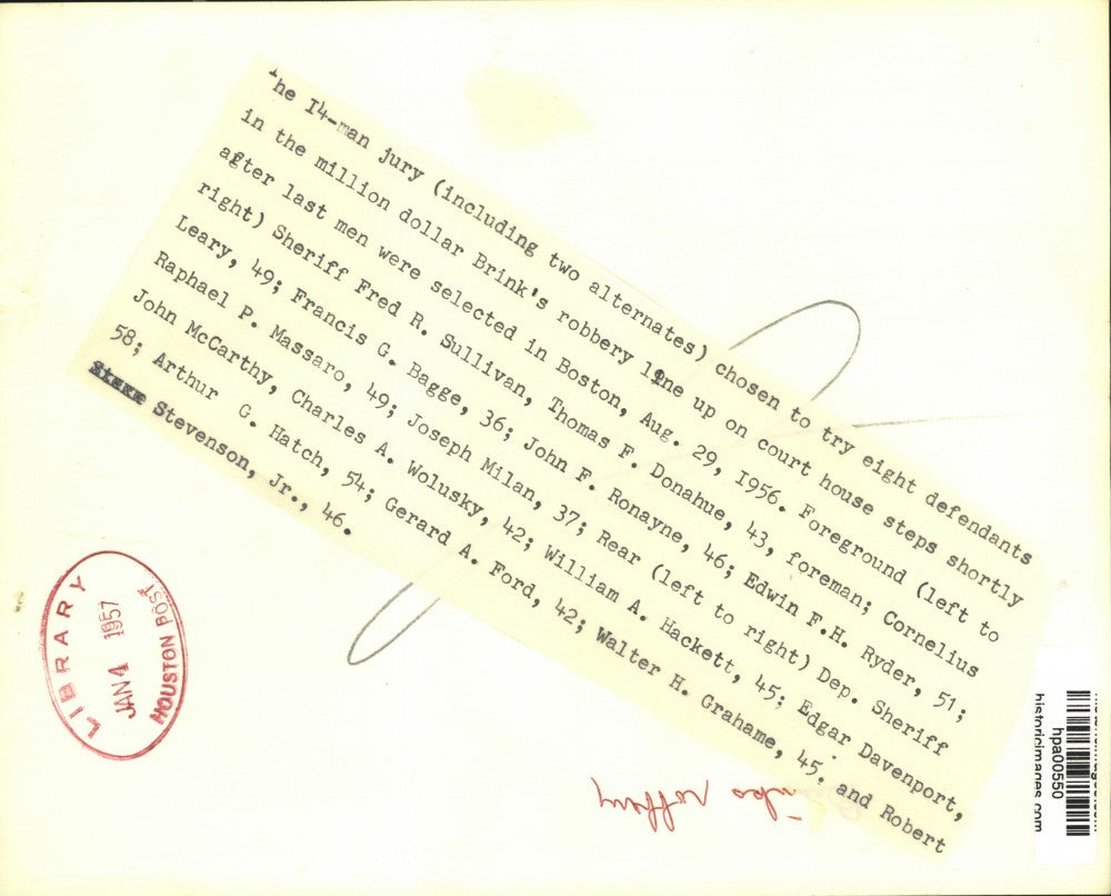 1956 Press Photo Brink's robbery jurymen at Boston courthouse. - hpa00550