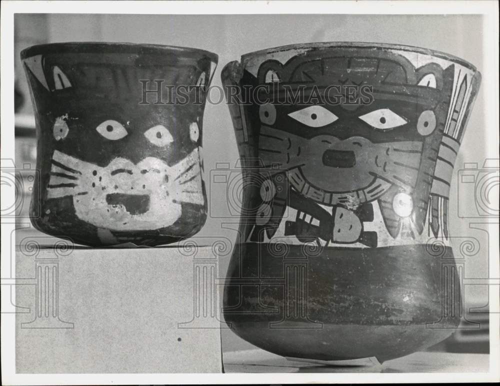 1958 Press Photo Two Pottery Vessels with Art Graphics - hpa10239- Historic Images