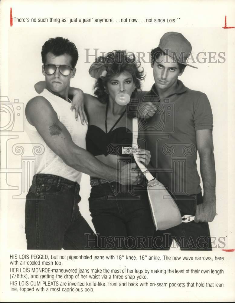 1983 Press Photo Fashion Models Posing in Lois Jeans and Tops for Men and Women- Historic Images