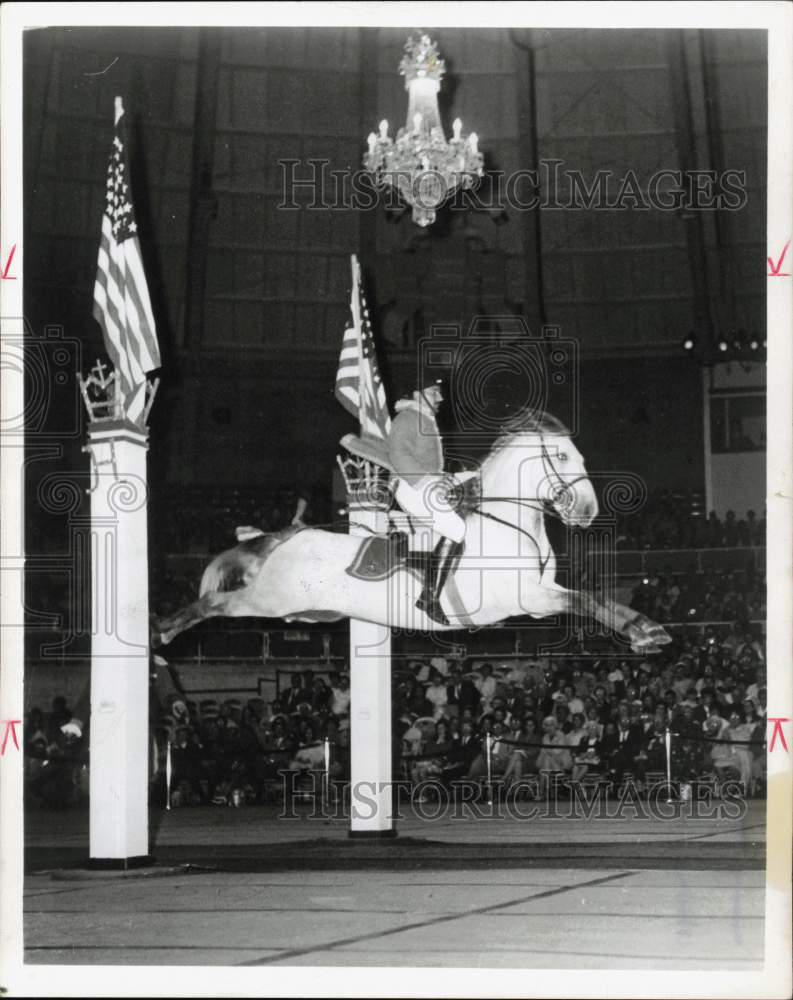 1970 Press Photo Royal Lipizzan Stallion Jumping for Crowd - hpa26674- Historic Images