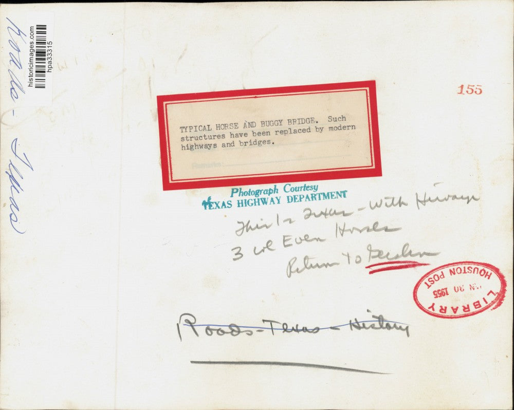 1955 Press Photo Horse and Buggy Bridge Seen in Texas - hpa33315