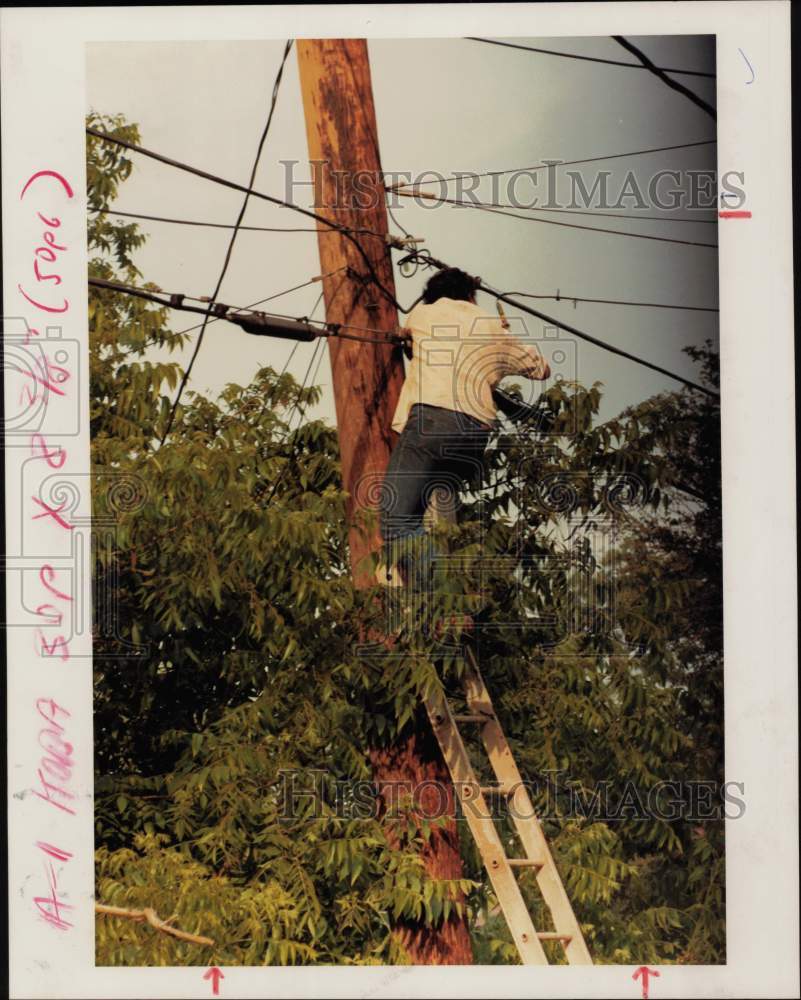 1991 Press Photo Suspect on pole pirating cable television for customer.- Historic Images