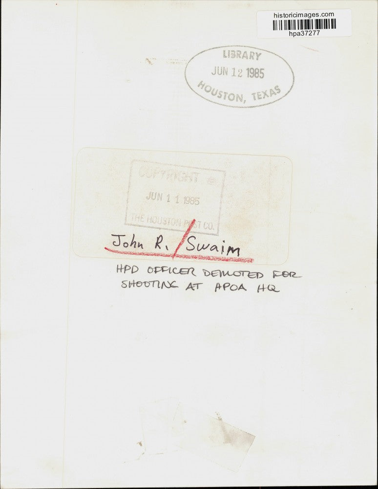 1985 Press Photo John R. Swain, HPD officer demoted for shooting at HPOA HQ