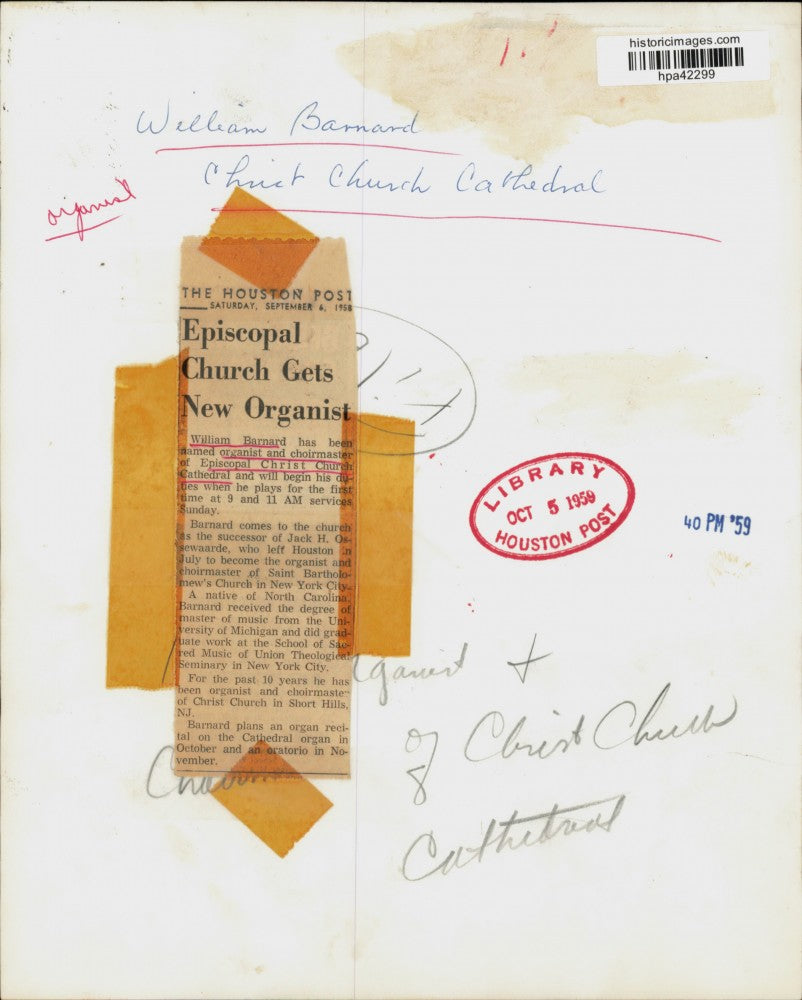 1958 Press Photo William Barnard, organist of Episcopal Christ Church Cathedral.