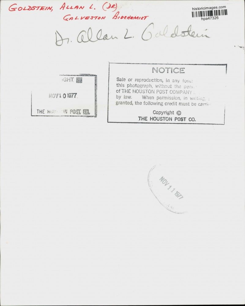 1977 Press Photo Dr. Allan L. Goldstein of Galveston, Biochemist - hpa47326