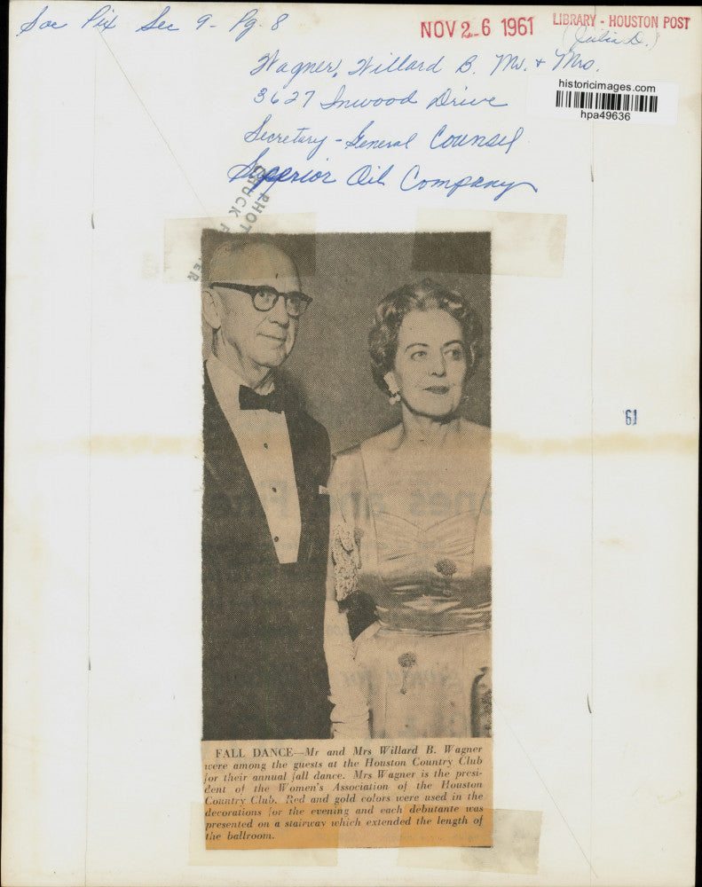 1961 Press Photo Mr. & Mrs. Willard B. Wagner at Country Club for Fall Dance, TX