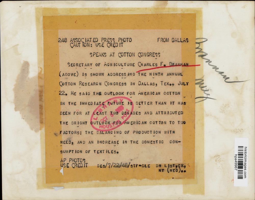 1948 Press Photo Agriculture Secretary Charles F. Brannan at Cotton Congress, TX