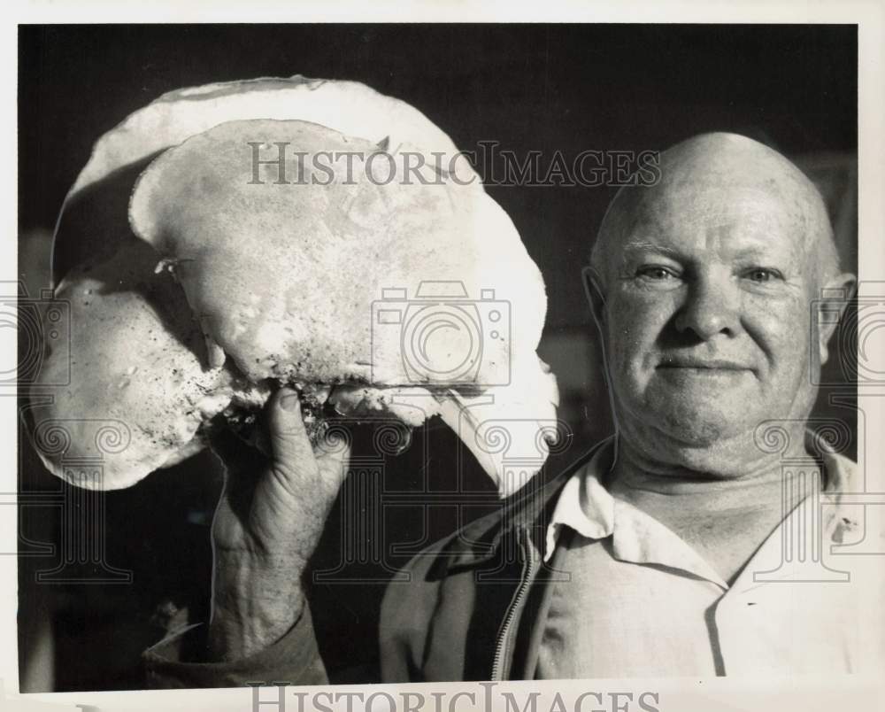 1962 Press Photo C.R. (Tip) Coffeen holds seven-pound oyster mushroom.- Historic Images