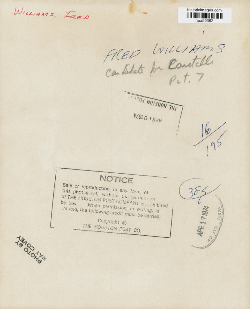 1974 Press Photo Fred Williams, Precinct 7 constable candidate - hpa56362