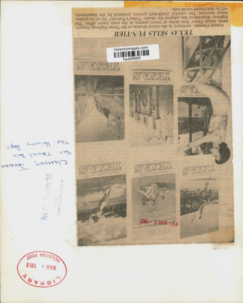 1963 Press Photo Joanne Clement hangs Texas' "Today's Fun-tier" posters.
