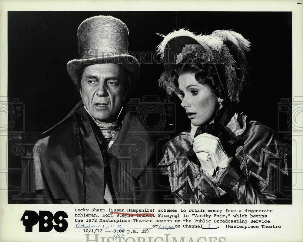 1972 Press Photo Susan Hampshire and Robert Flemyng star in PBS&#39; &quot;Vanity Fair.&quot;- Historic Images